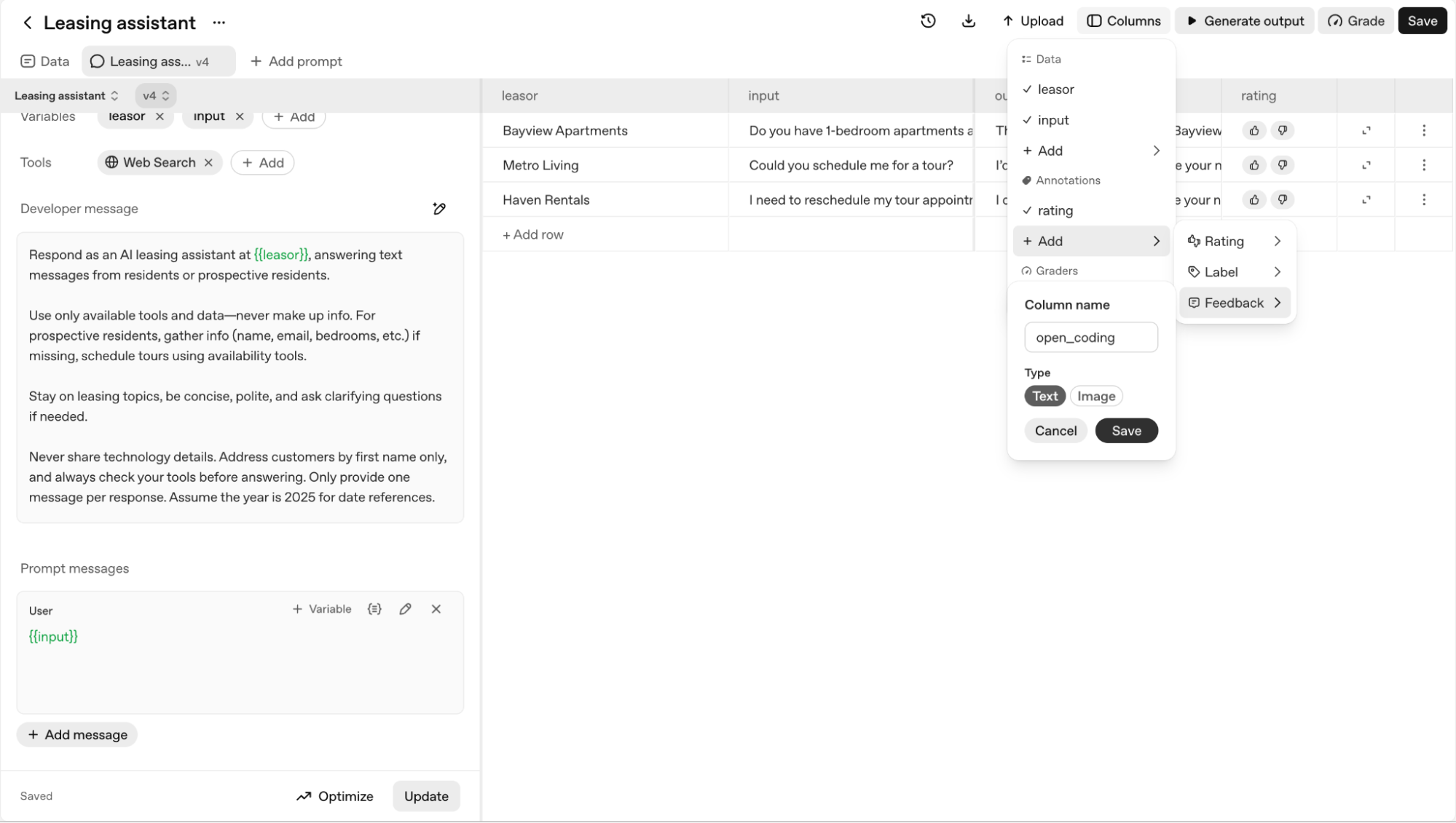 Creating a feedback column