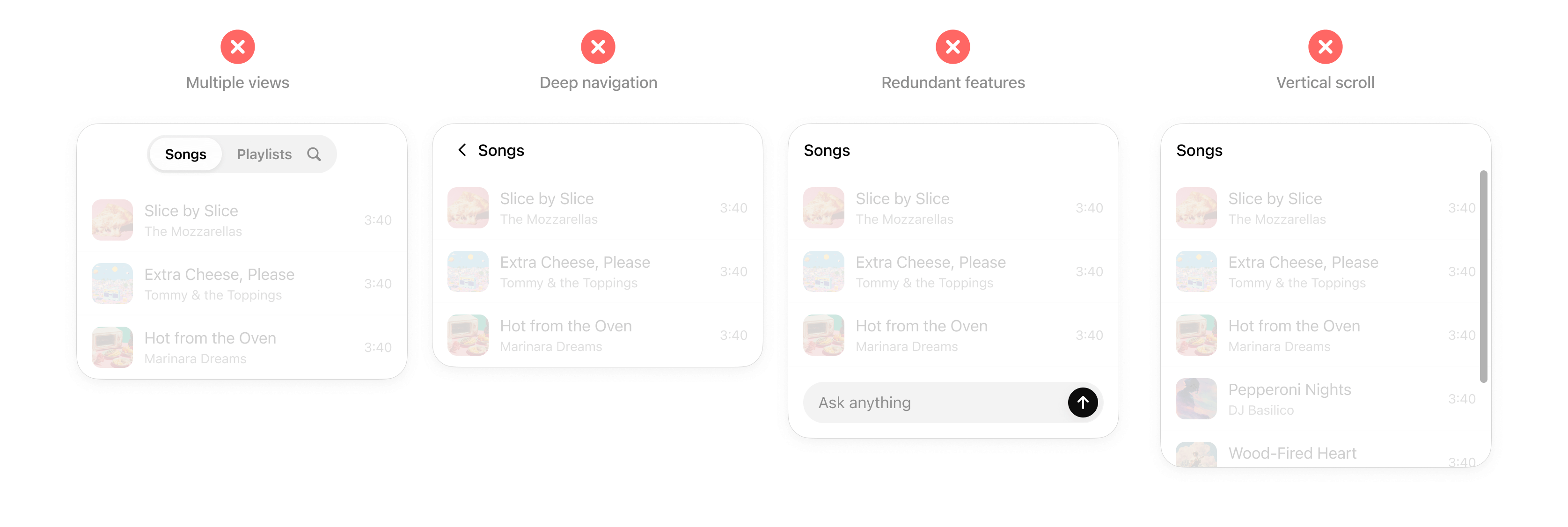 Examples of patterns to avoid in inline cards