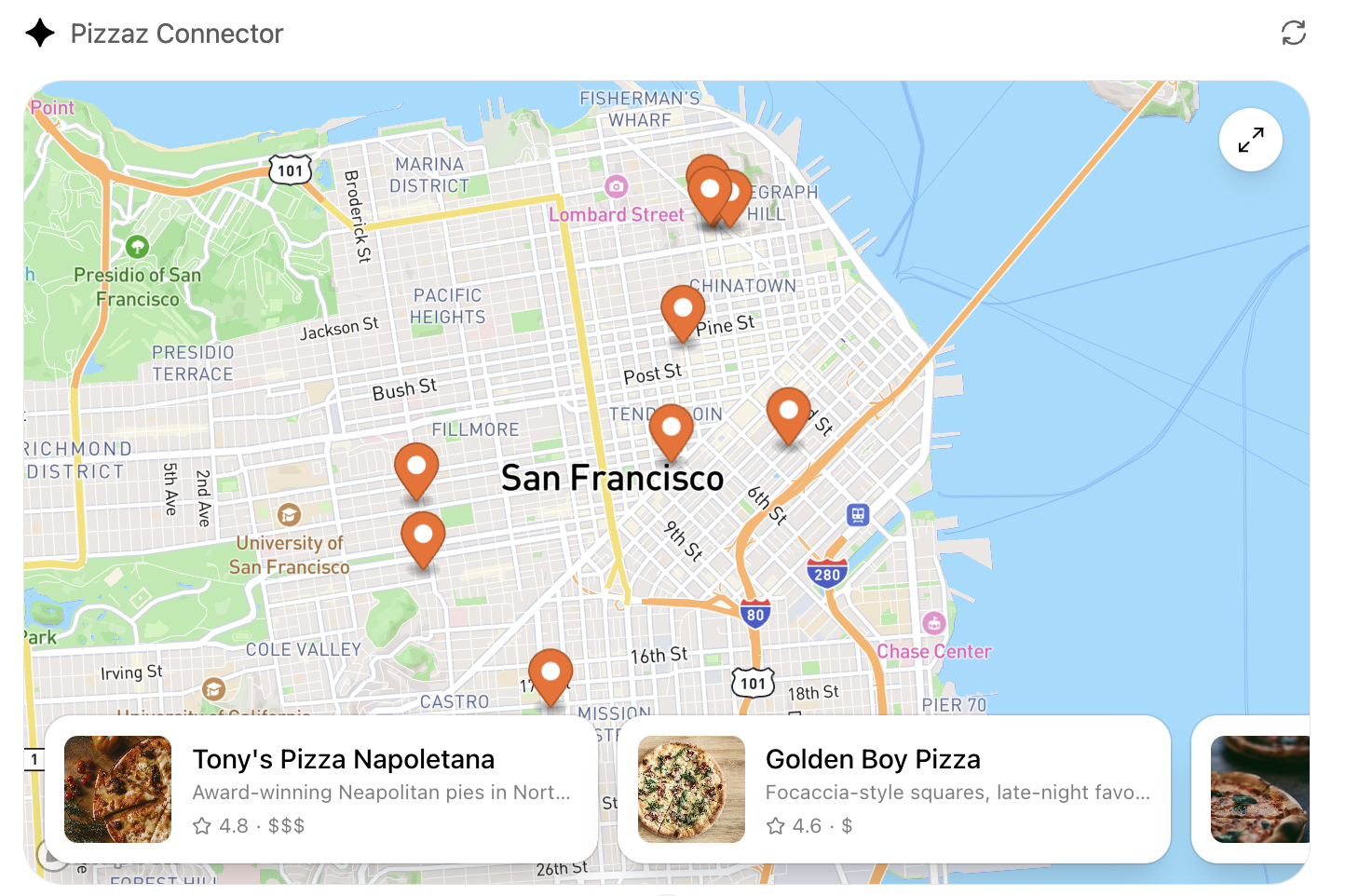 Screenshot of the Pizzaz map component