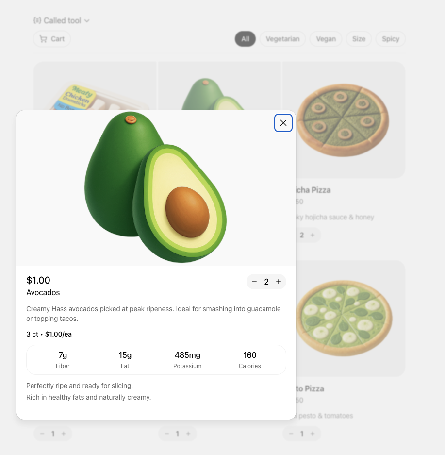 Screenshot of the Pizzaz shop component in modal view