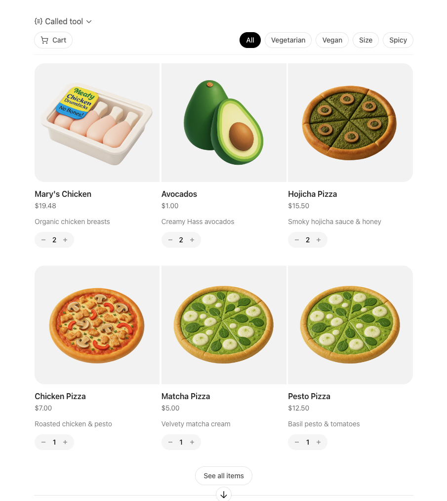 Screenshot of the Pizzaz shop component in grid view