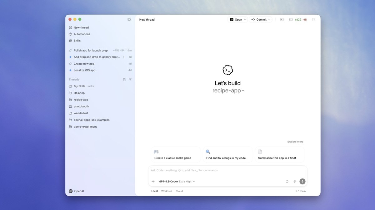 Codex app workspace with project thread