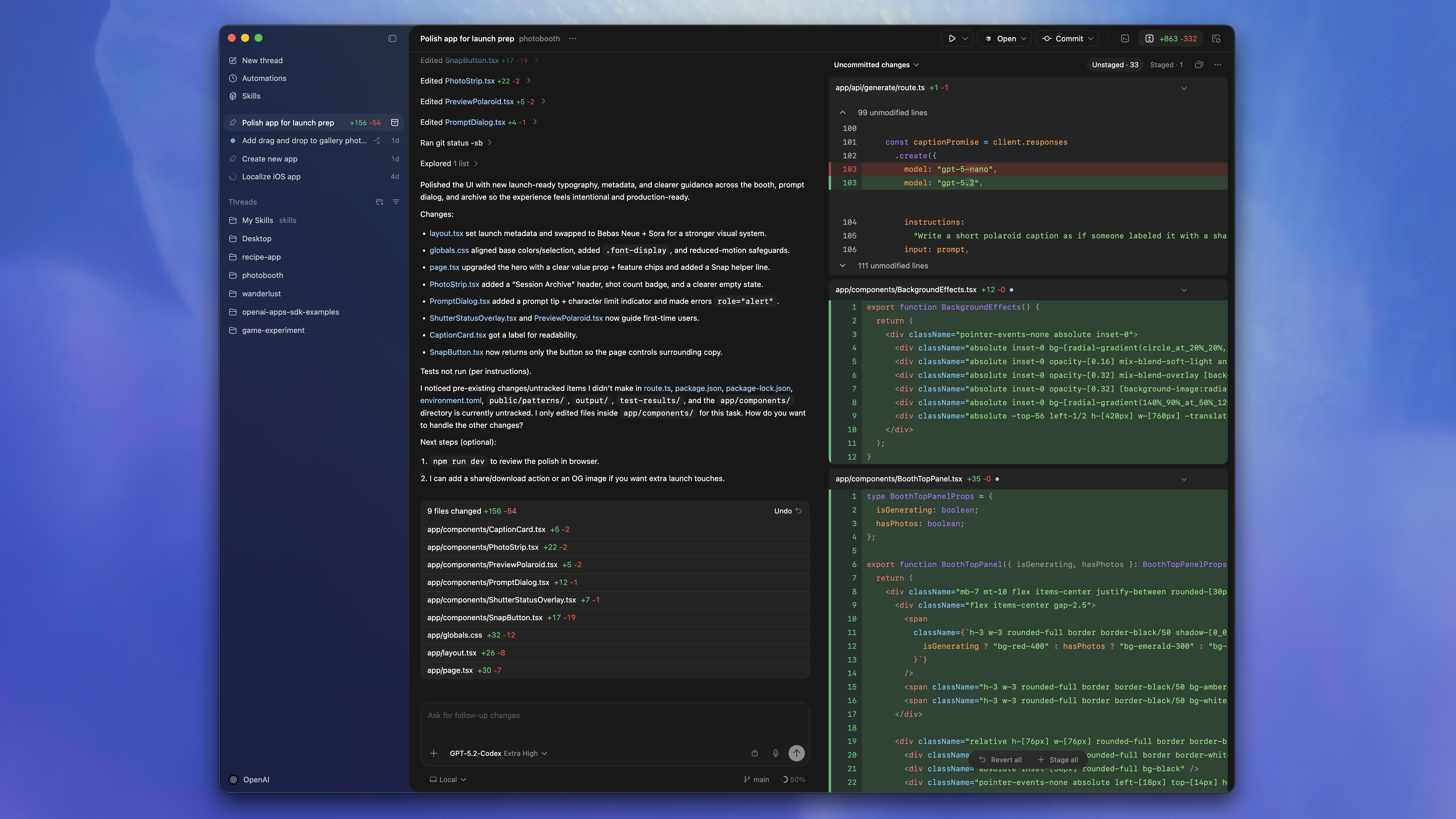 Codex app window with a project sidebar, active thread, and review pane