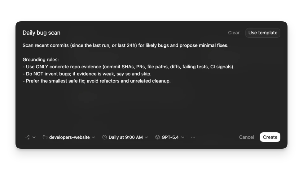 Automation creation form with schedule and prompt fields