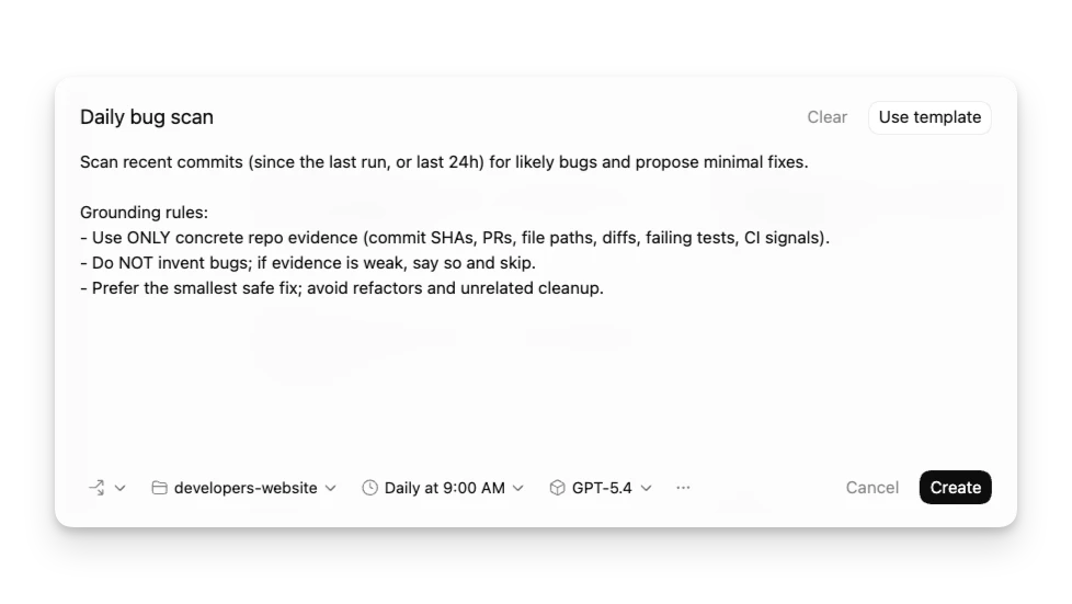 Automation creation form with schedule and prompt fields
