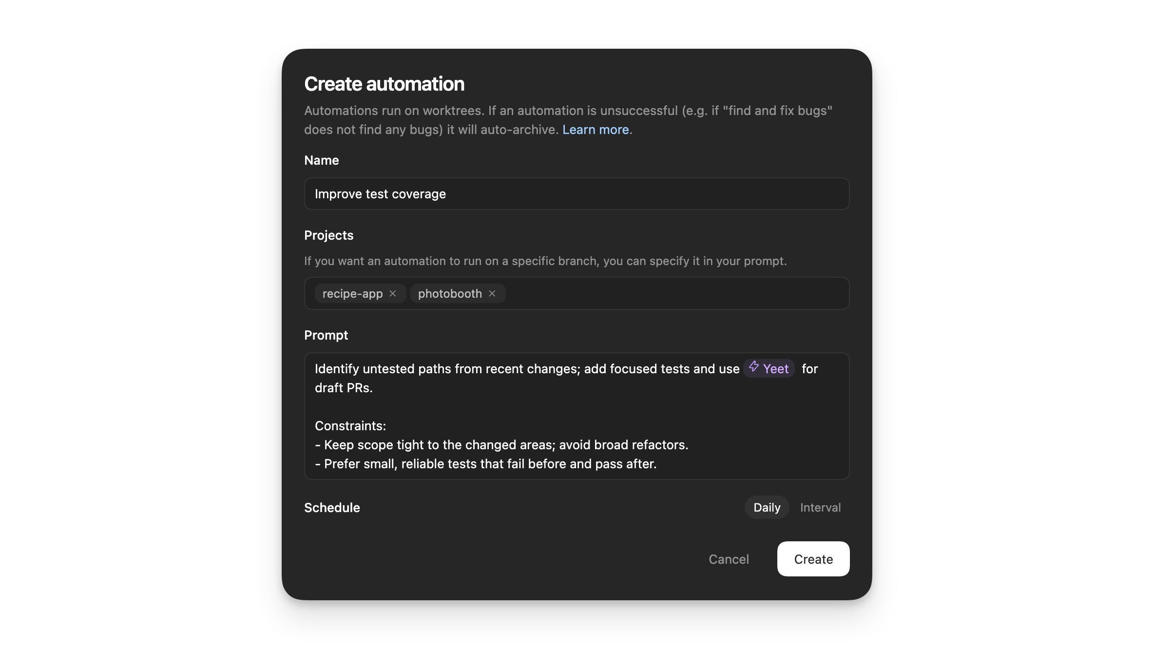 Automation creation form with schedule and prompt fields