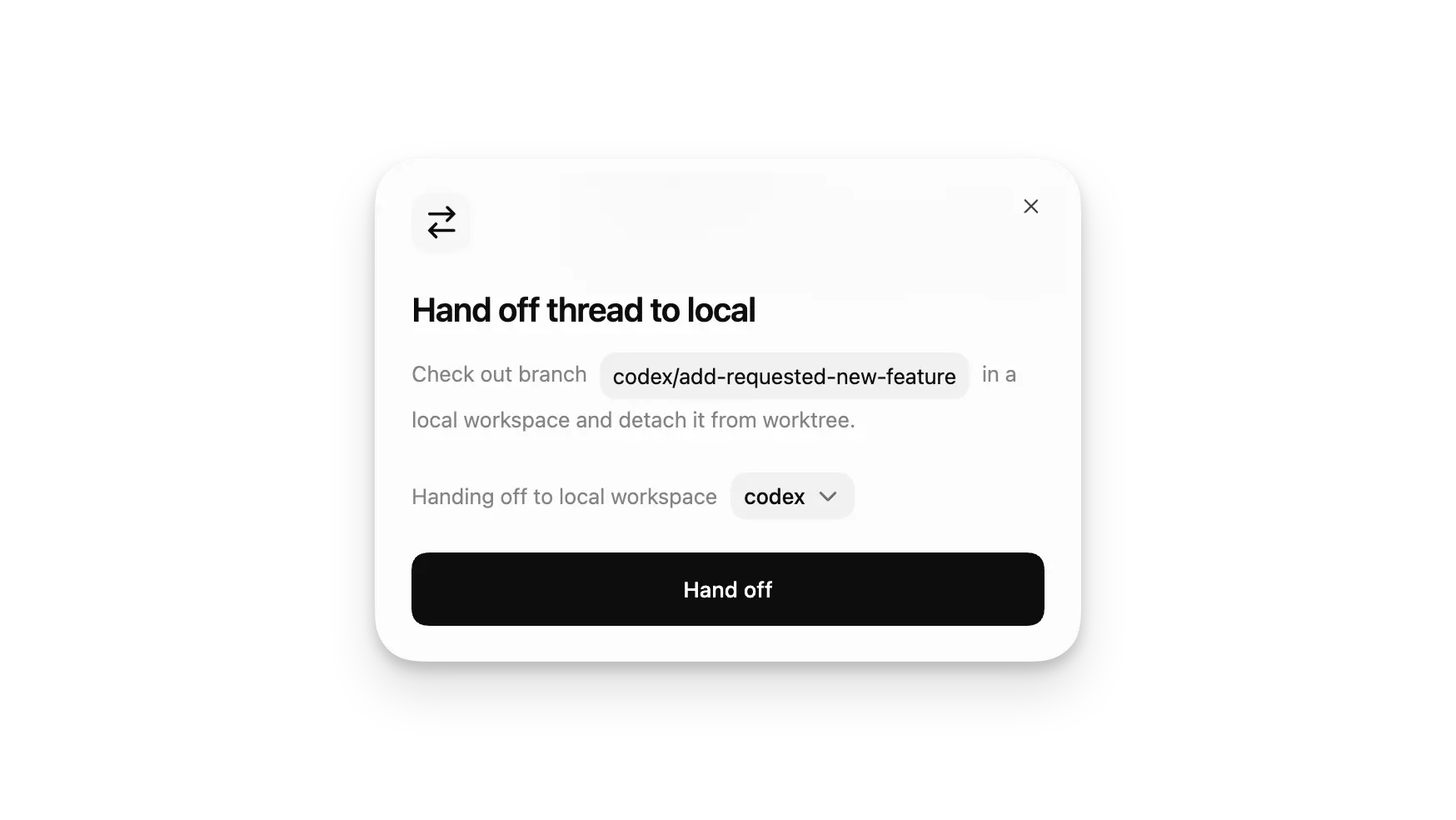 Handoff dialog moving a thread from a worktree to Local