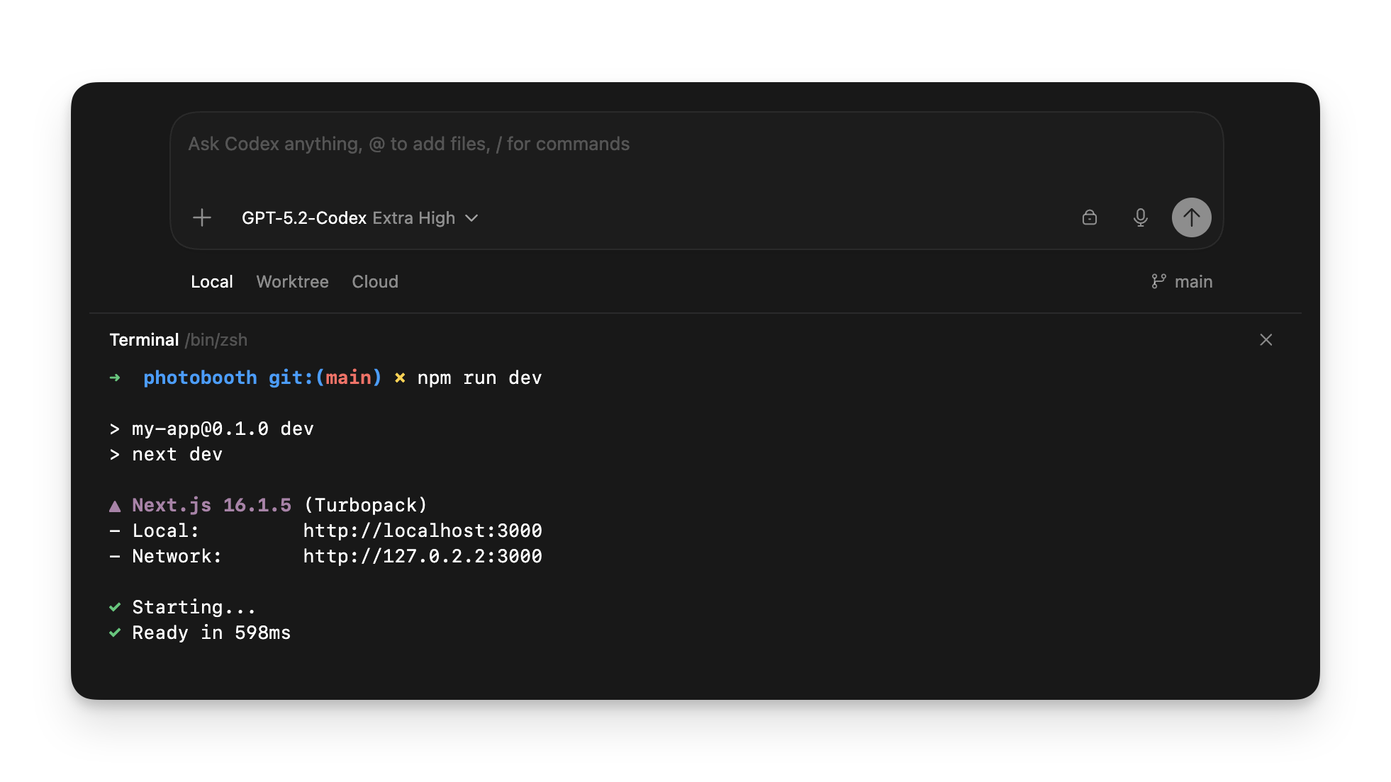 Integrated terminal drawer open beneath a Codex thread