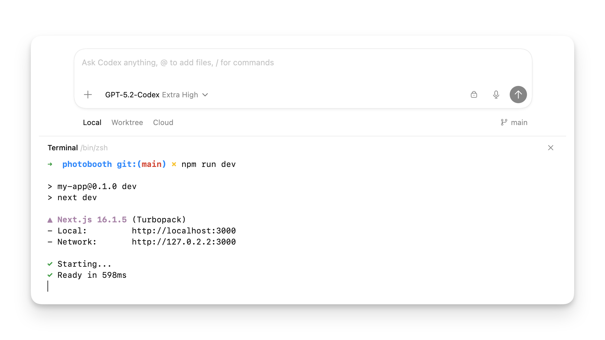 Integrated terminal drawer open beneath a Codex thread