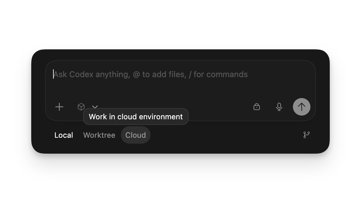 New thread composer with Local, Worktree, and Cloud mode options