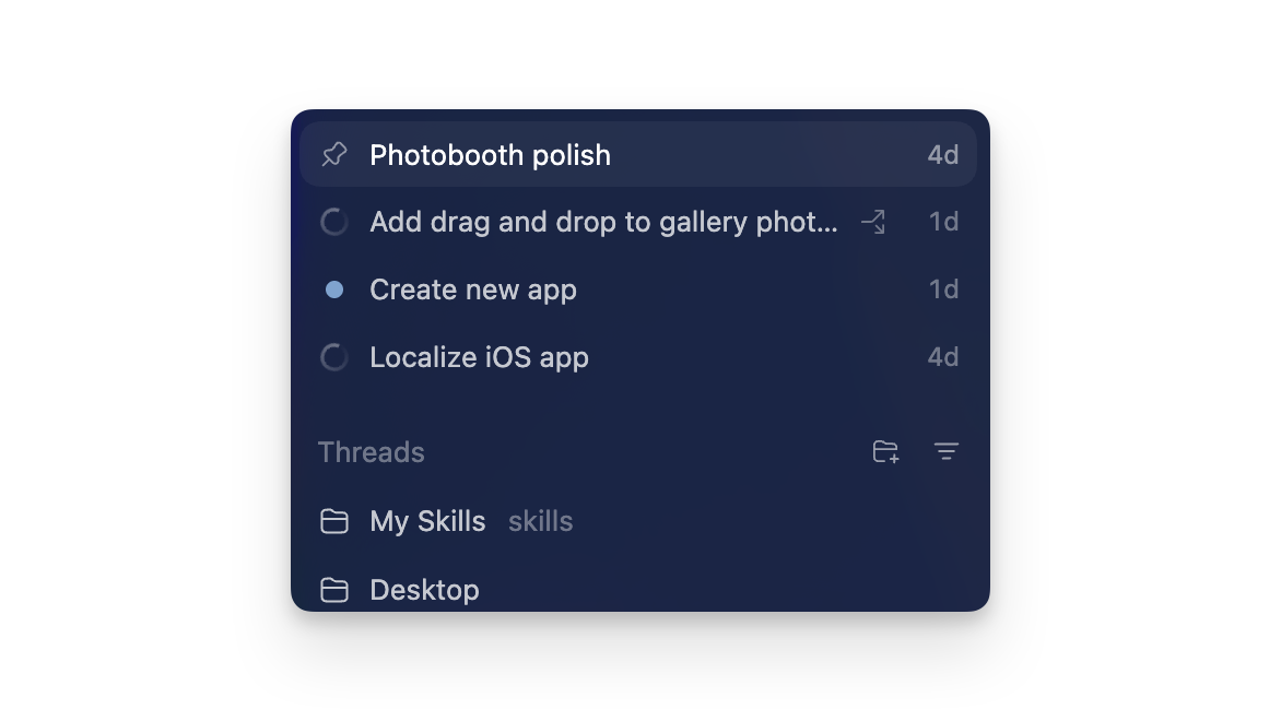 Codex app showing multiple projects in the sidebar and threads in the main pane