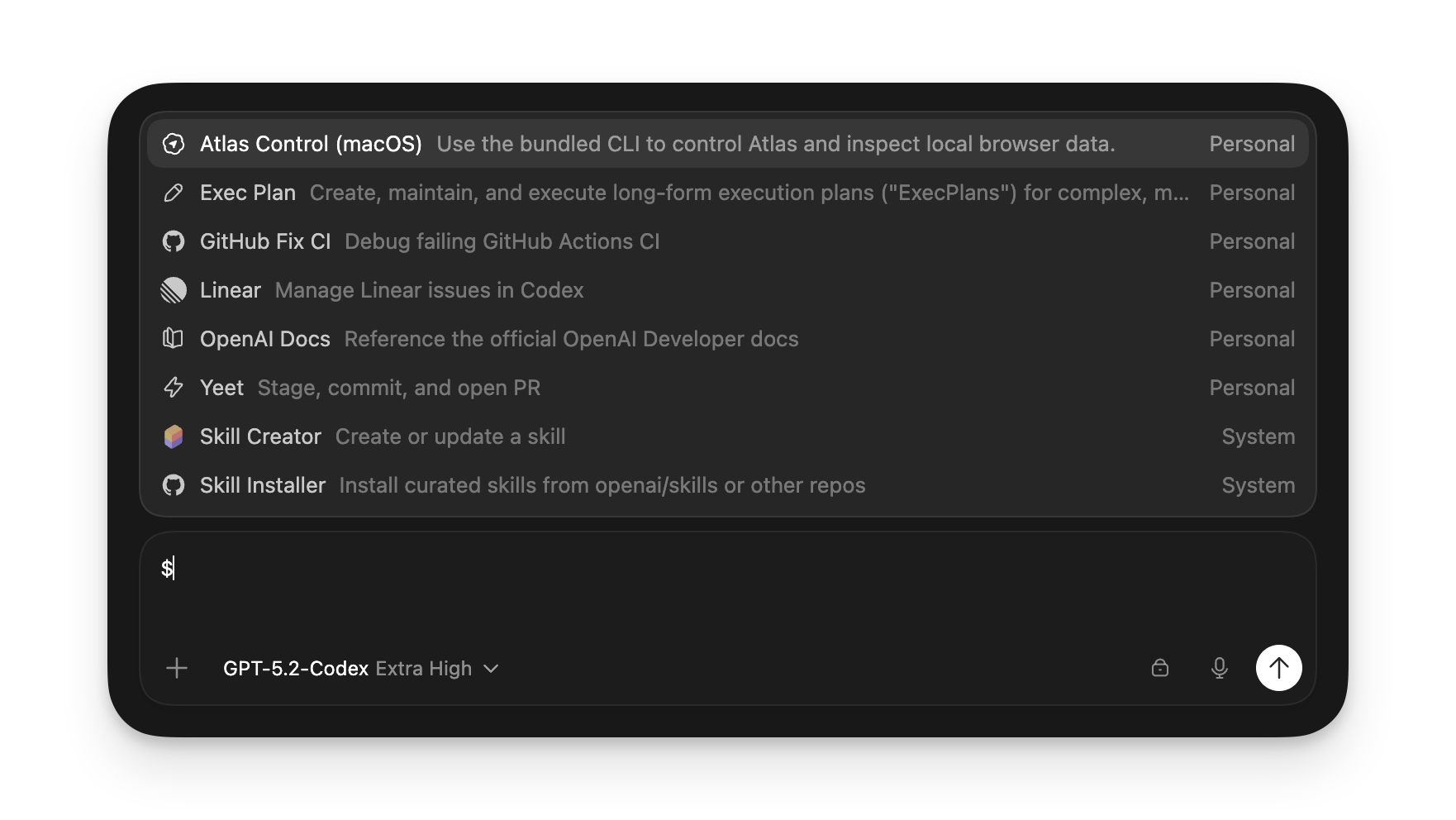 Skills picker showing available skills in the Codex app