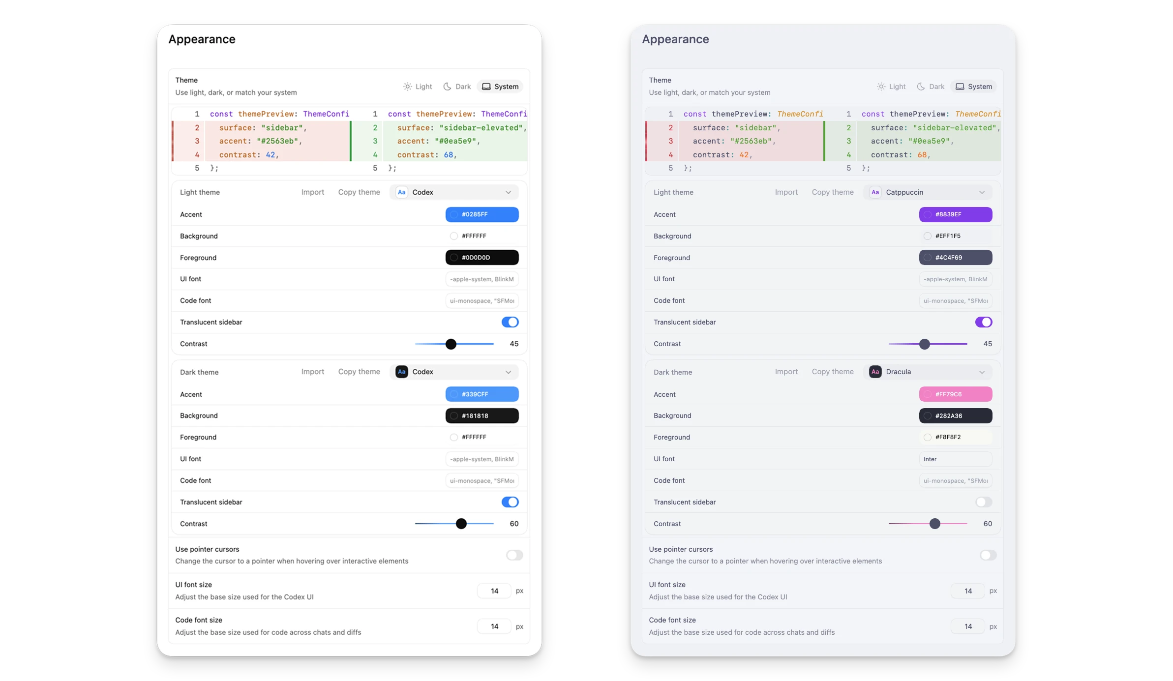 Codex app Appearance settings showing theme selection, color controls, and font options