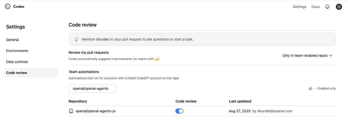 Codex settings showing the Code review toggle