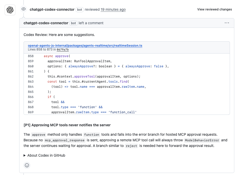 Example Codex code review on a pull request