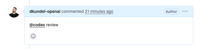 A pull request comment with @codex review