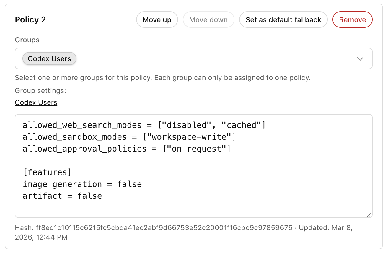 Example managed requirements policy