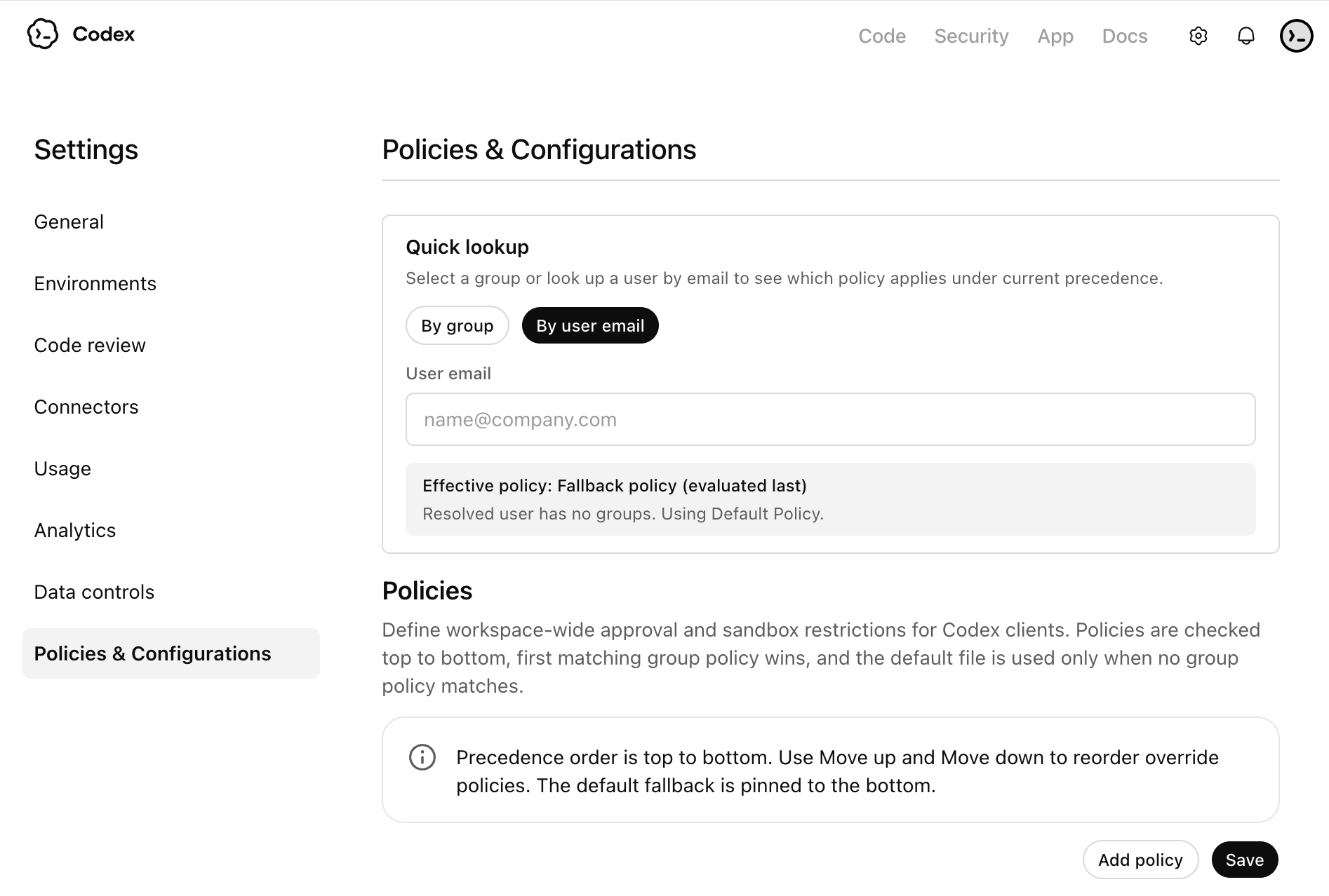 Codex policies and configurations page