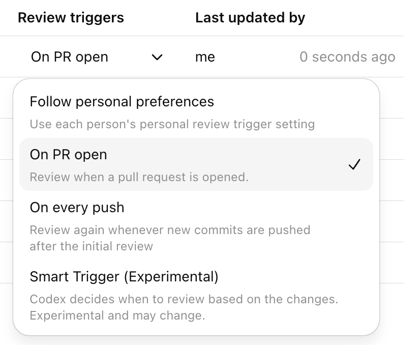 Code review trigger settings