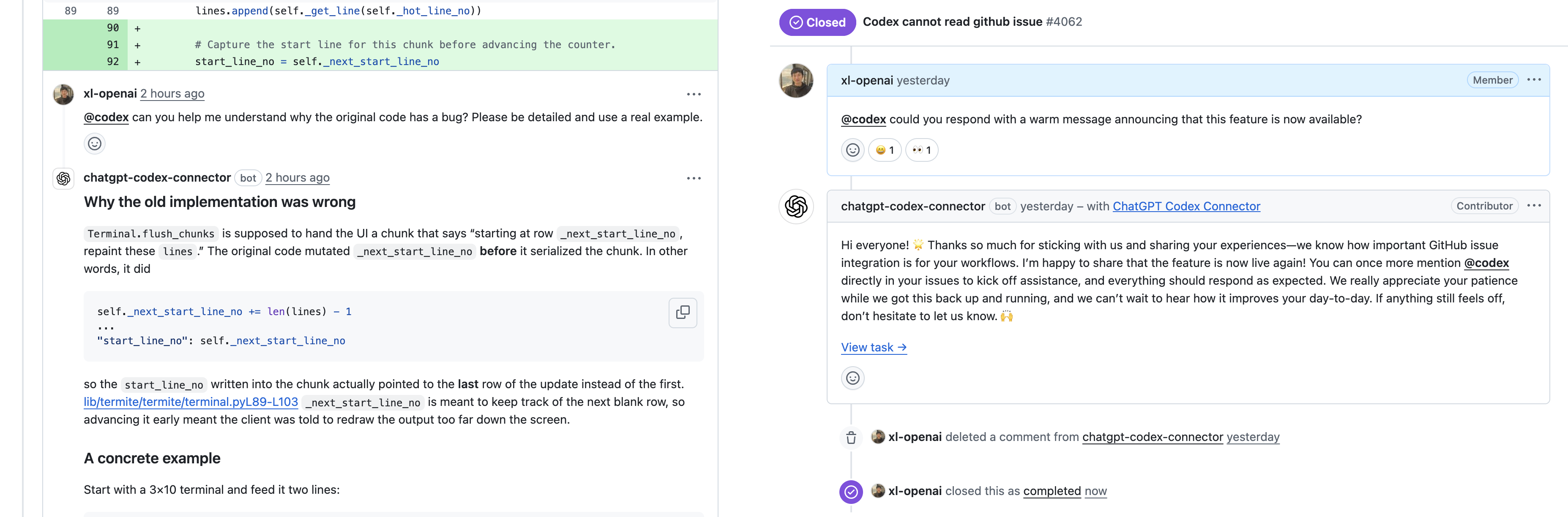 Codex responding to a GitHub pull request and issue after an @Codex mention.