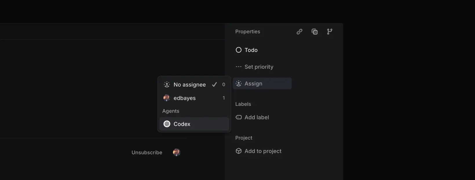Assigning Codex to a Linear issue (dark mode)