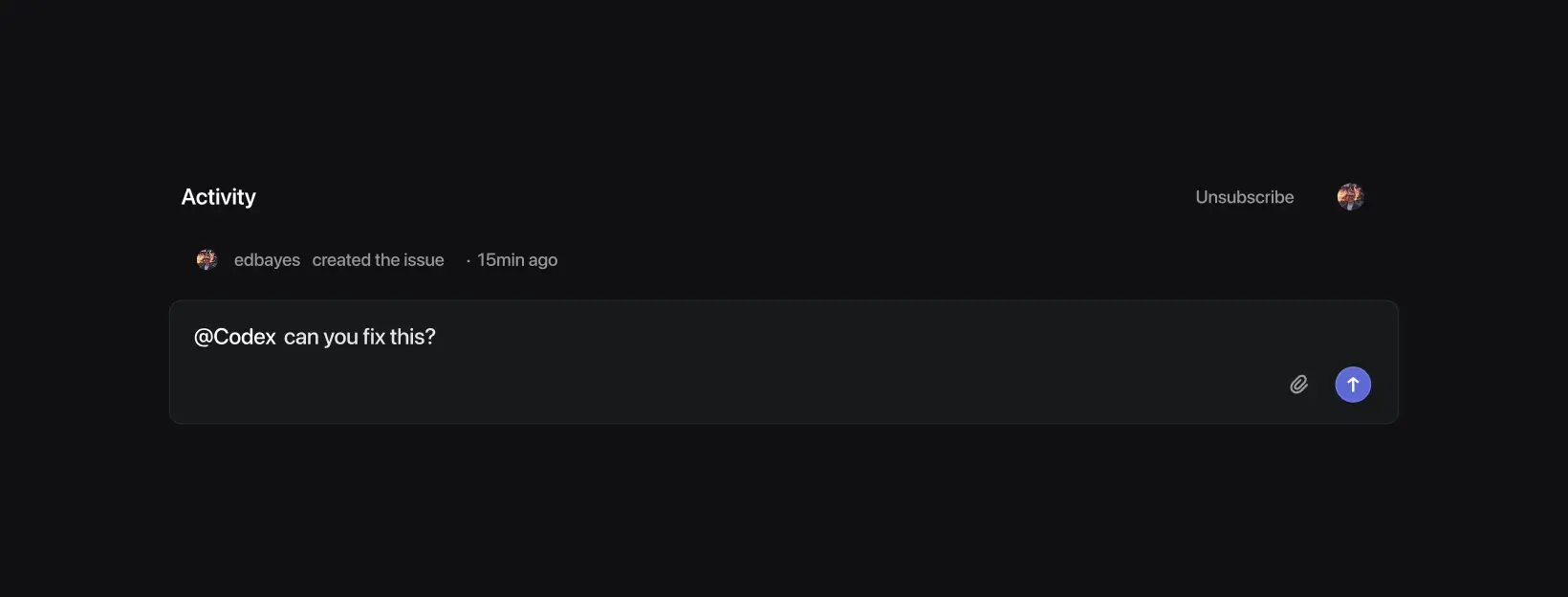 Mentioning Codex in a Linear issue comment (dark mode)