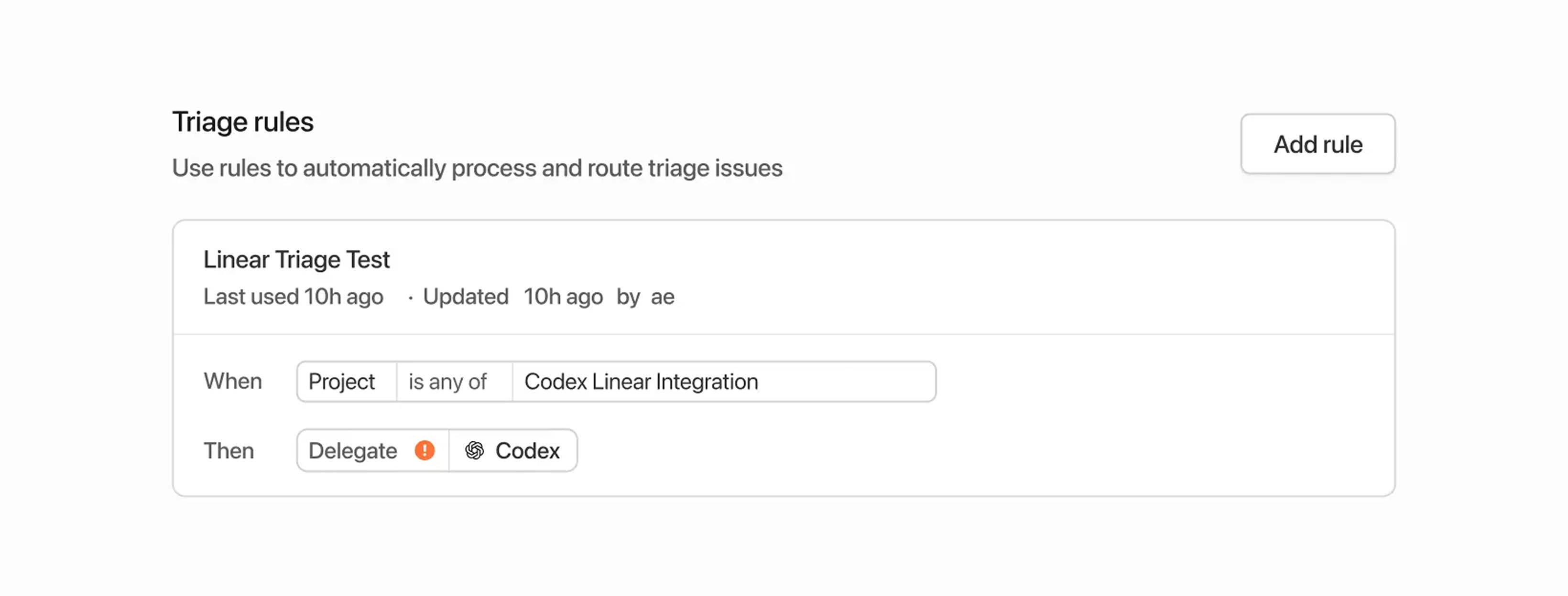 Screenshot of an example triage rule assigning everything to Codex and labeling it in the "Triage" status (light mode)