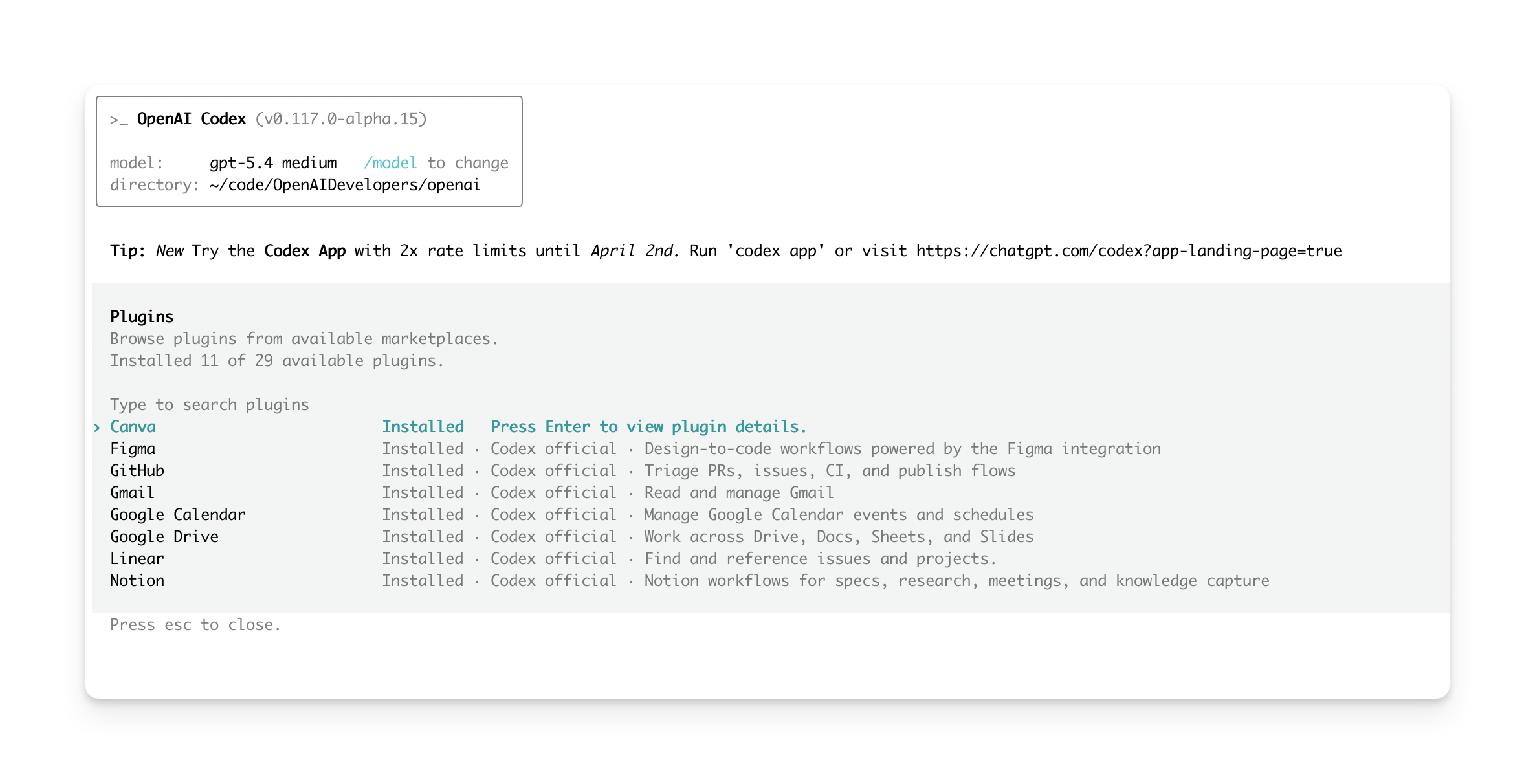 Plugins list in Codex CLI