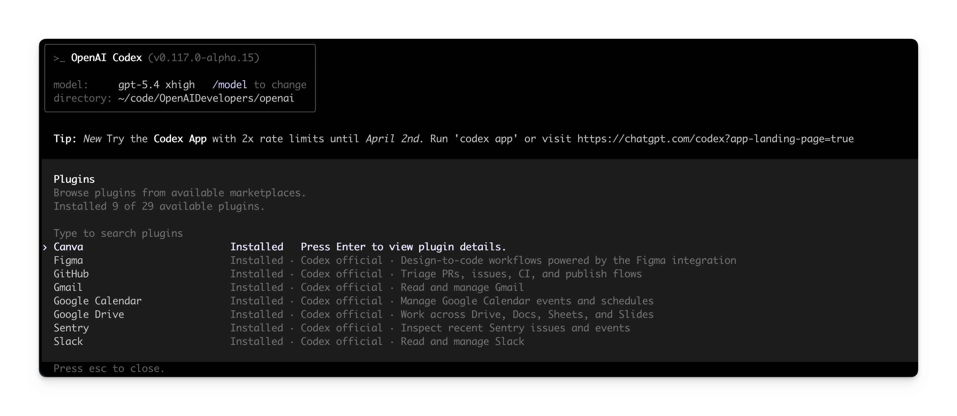 Plugins list in Codex CLI