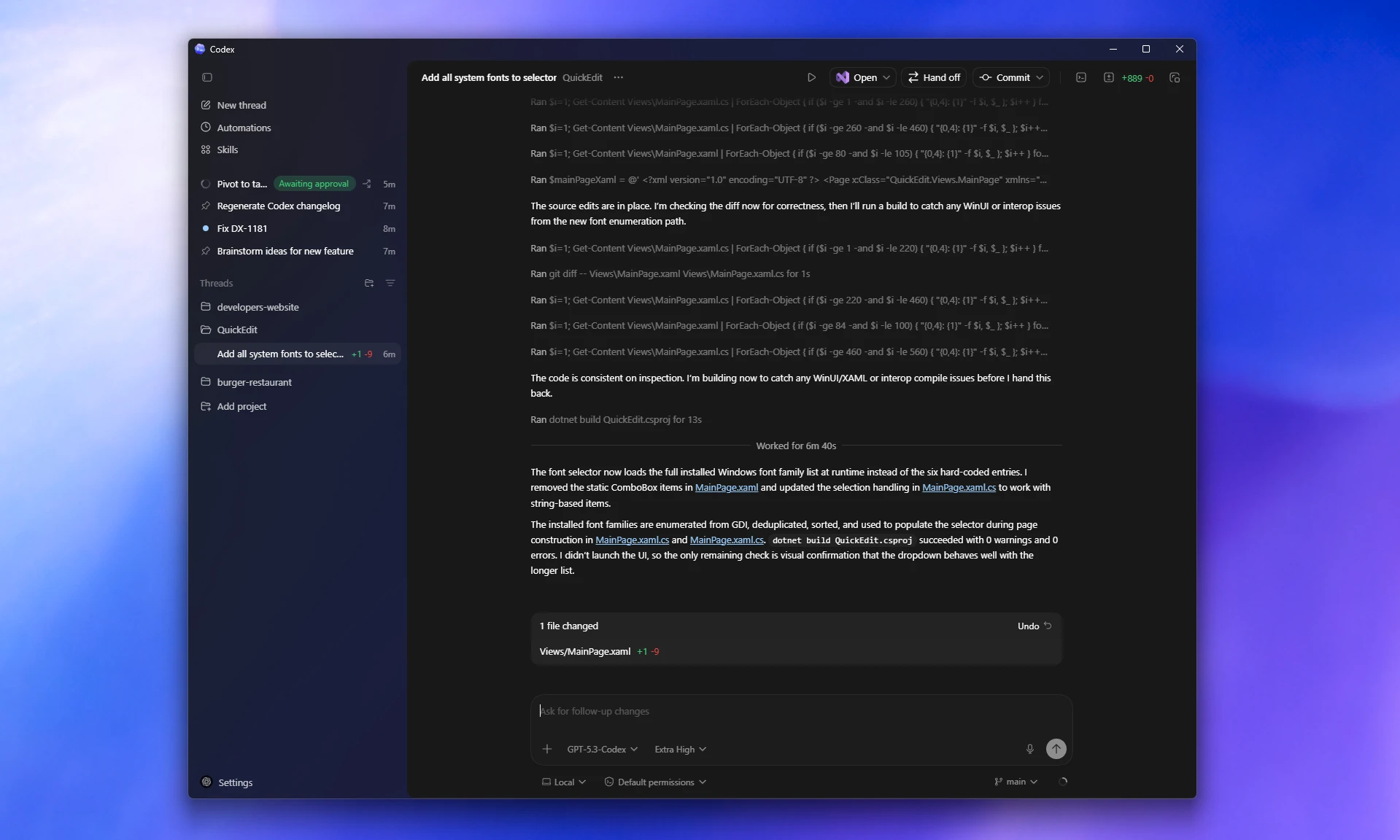 Codex app for Windows showing a project sidebar, active thread, and review pane