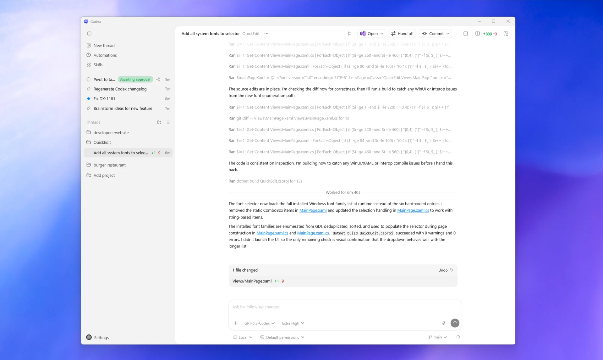 Codex app for Windows showing a project sidebar, active thread, and review pane