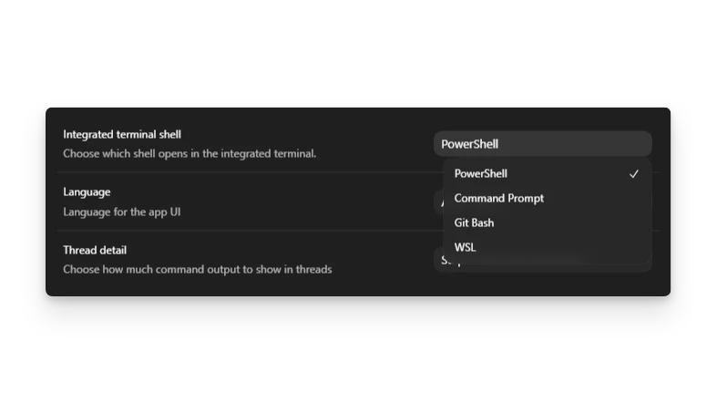 Codex app settings showing the integrated terminal selection on Windows