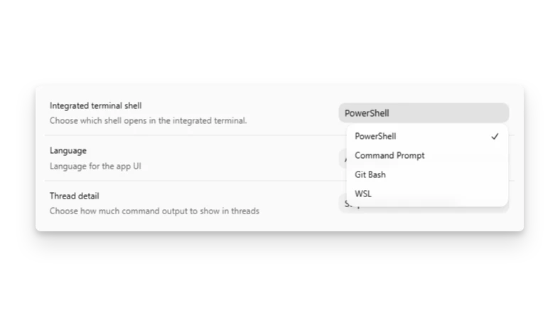 Codex app settings showing the integrated terminal selection on Windows