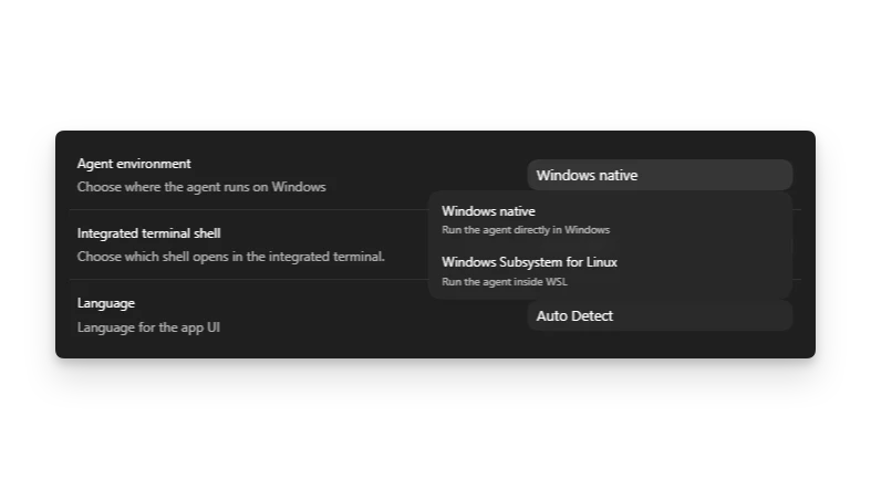 Codex app settings showing the agent selector with Windows native and WSL options