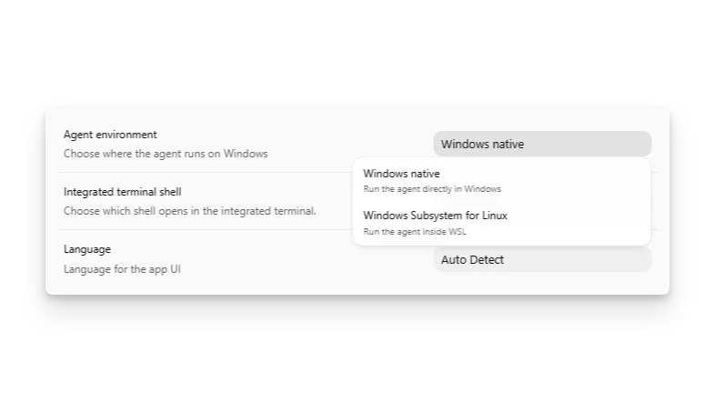 Codex app settings showing the agent selector with Windows native and WSL options